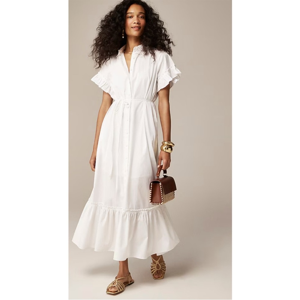 J. Crew White Ruffle Sleeve Amelia Maxi Shirt Dress in Cotton Poplin Size S